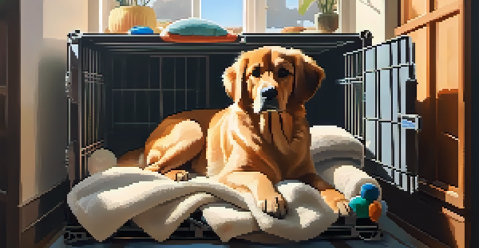 A pet dog resting in a travel crate filled with blankets and toys, in a sunlit living room.