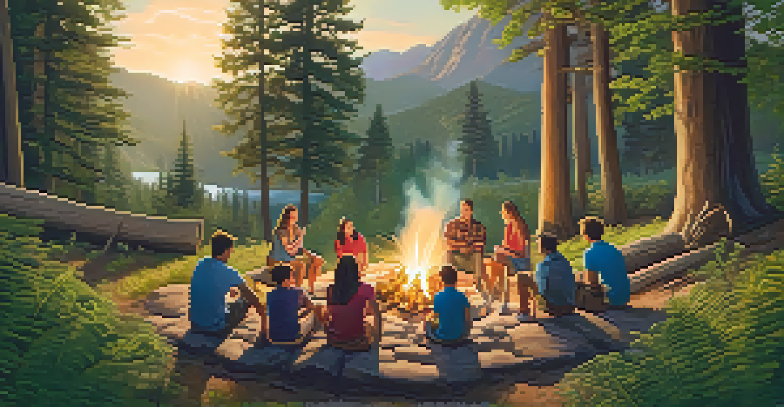 A family hiking in a national park during a reunion, with a campfire nearby and sunlight filtering through the trees.