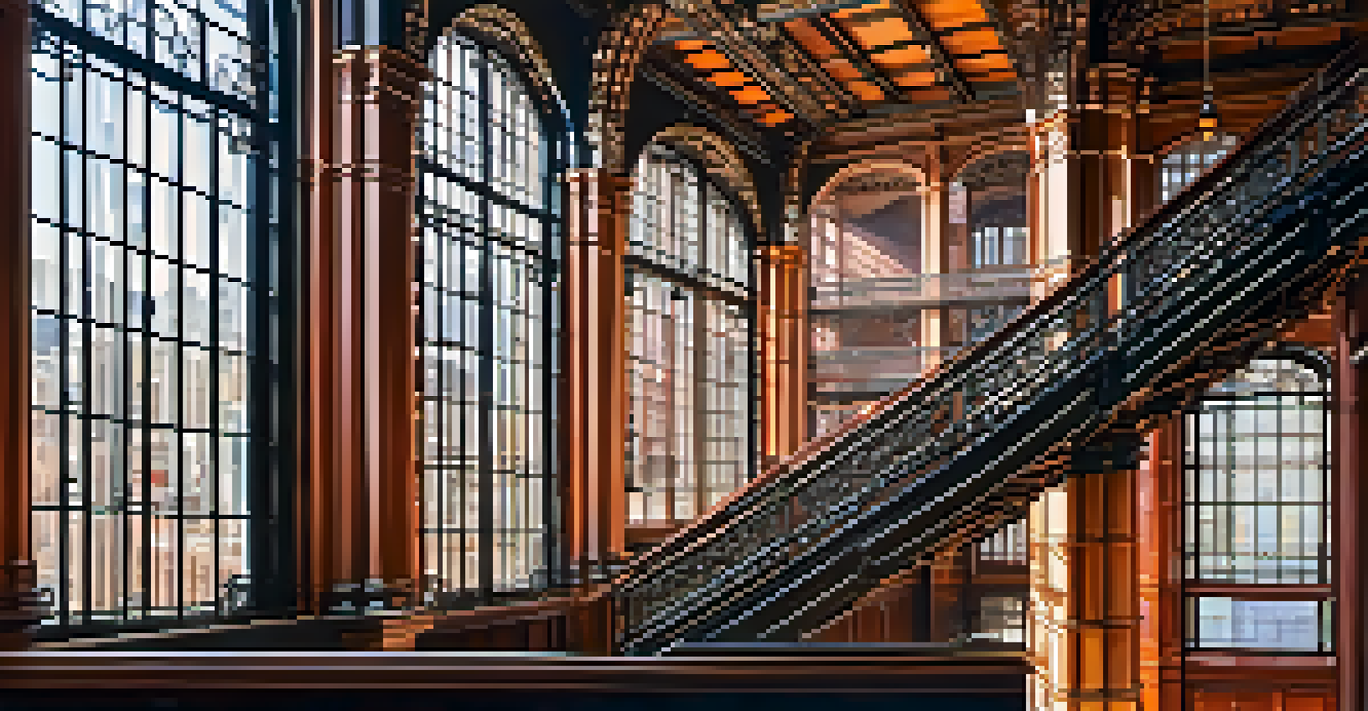 The interior of the Bradbury Building with intricate ironwork and a grand skylight, illuminated by sunlight.