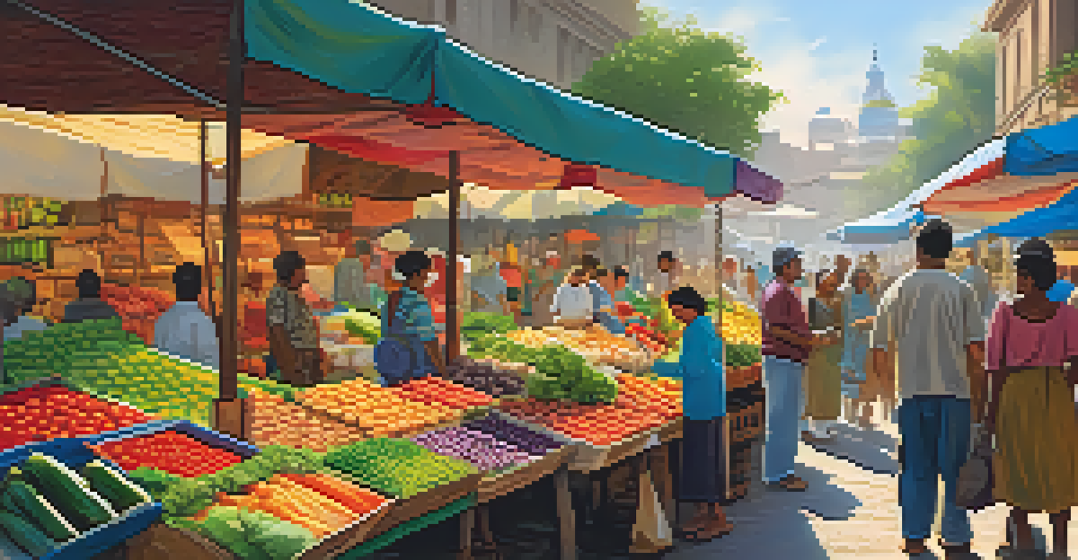 A lively local market filled with travelers and vendors showcasing fresh produce and crafts.