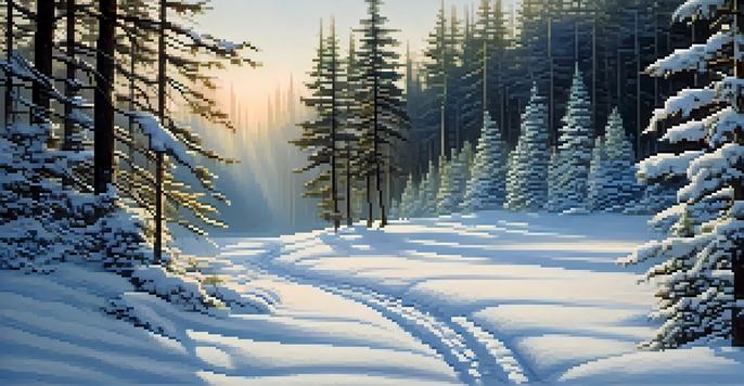 A peaceful winter scene with snow-covered pine trees and a winding path leading into the forest, illuminated by soft sunlight.