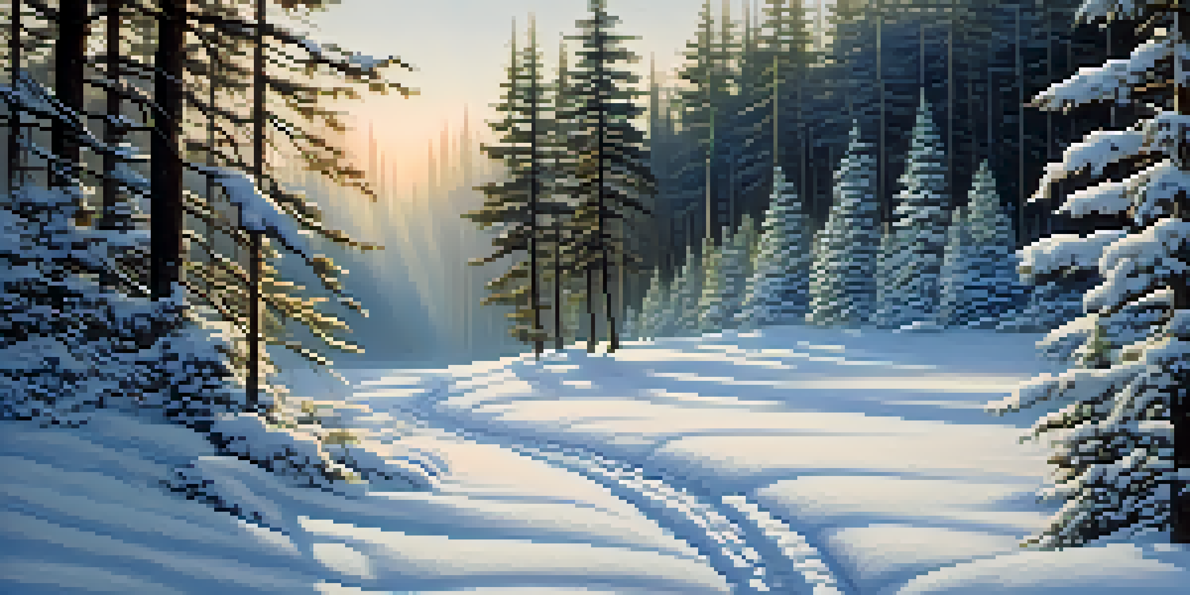A peaceful winter scene with snow-covered pine trees and a winding path leading into the forest, illuminated by soft sunlight.