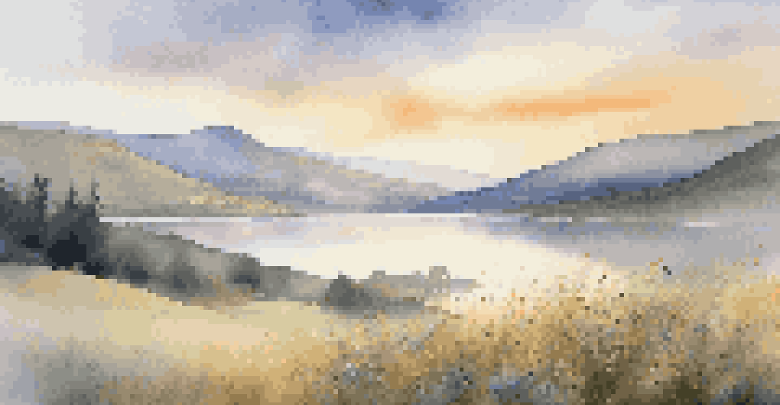 A tranquil sunrise over misty Scottish Highlands with a calm lake and blooming wildflowers.