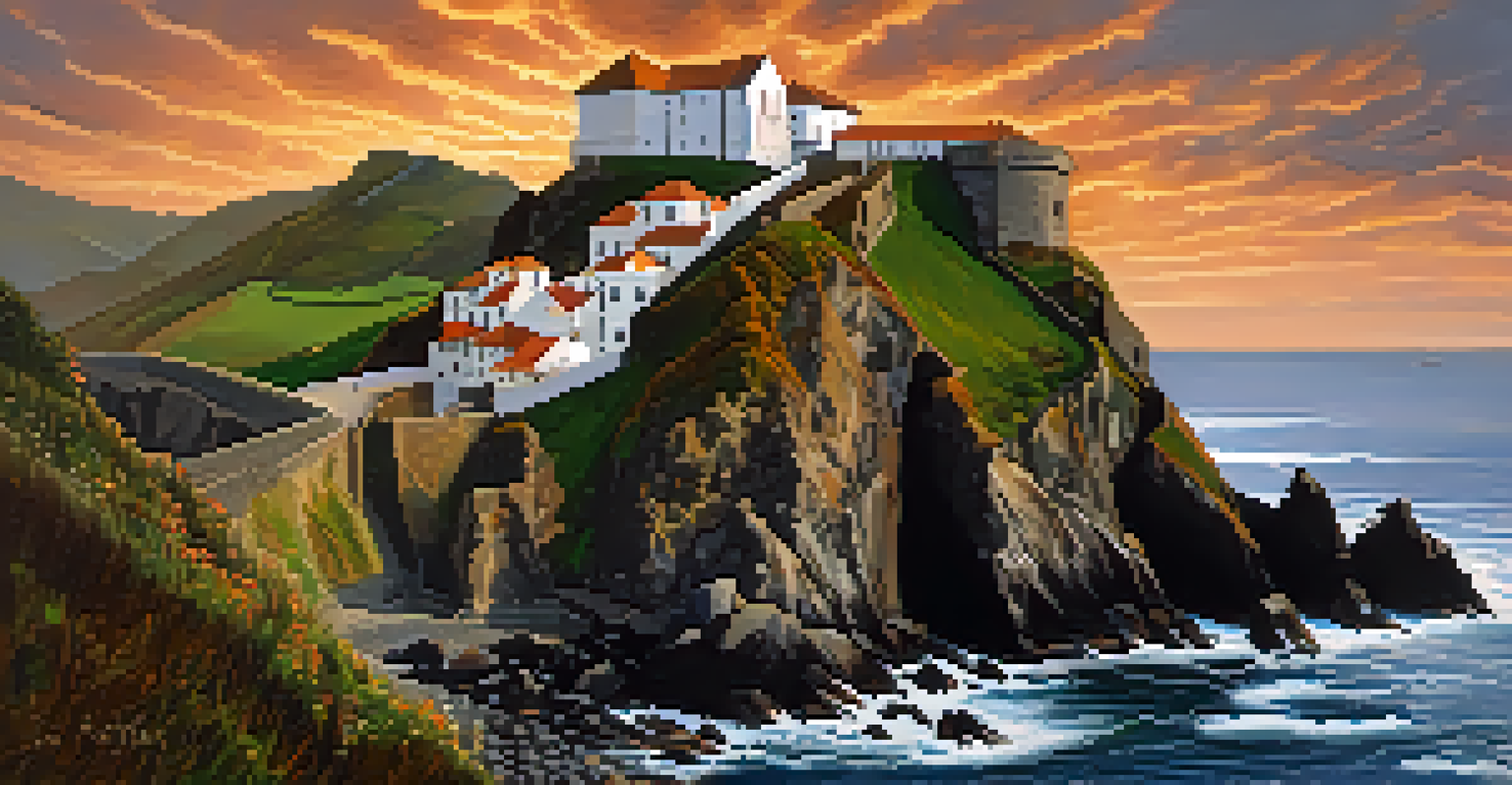 The rugged cliffs of Gaztelugatxe in Northern Spain, with an ancient chapel and crashing waves under a warm sunset sky.