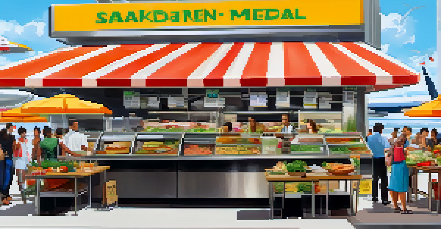 A healthy food stall at an airport with salads, grilled sandwiches, and juices, with travelers choosing meals.