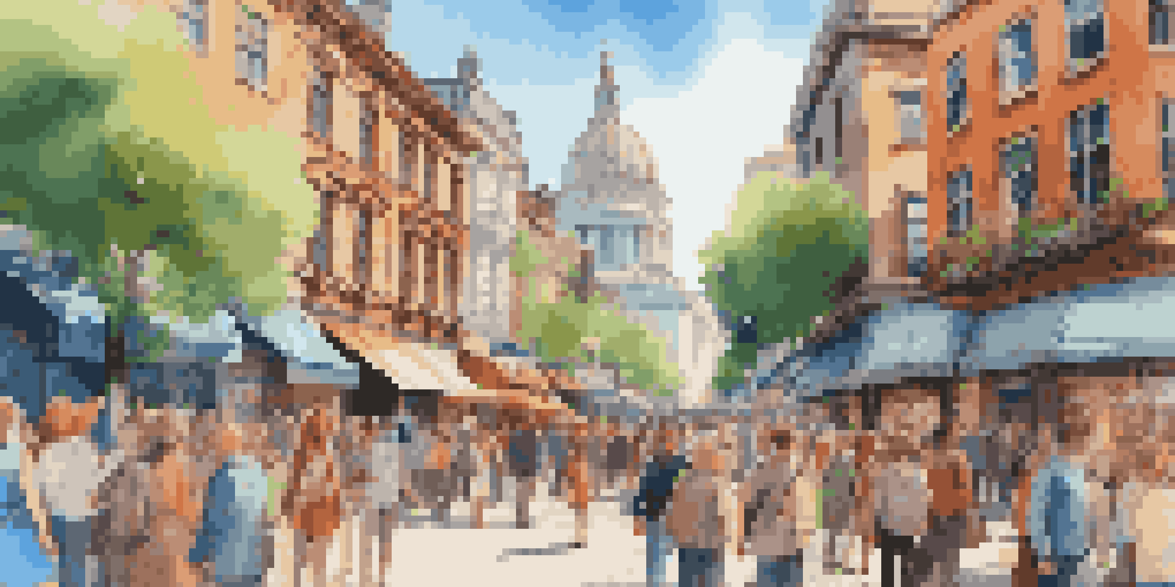 A lively city street with tourists wearing augmented reality glasses, colorful shops, and digital overlays of historical facts.