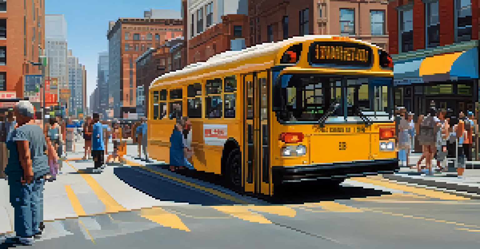 A public bus with a wheelchair ramp deployed, enabling a person in a wheelchair to board. The scene is lively with city buildings and people.