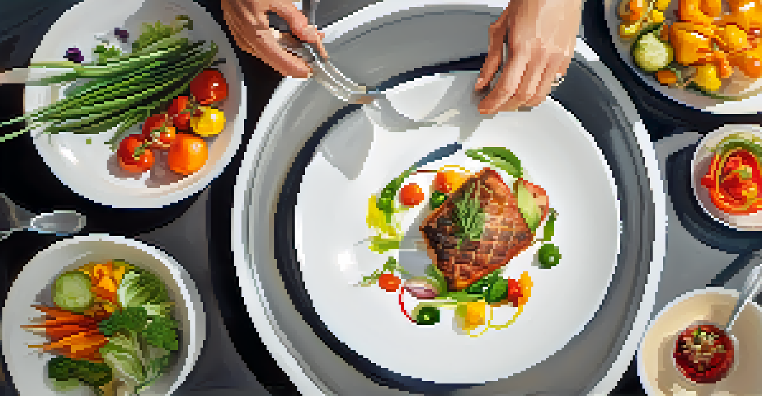 A chef in a modern kitchen carefully plating a colorful gourmet dish with fresh vegetables and delicate sauces.