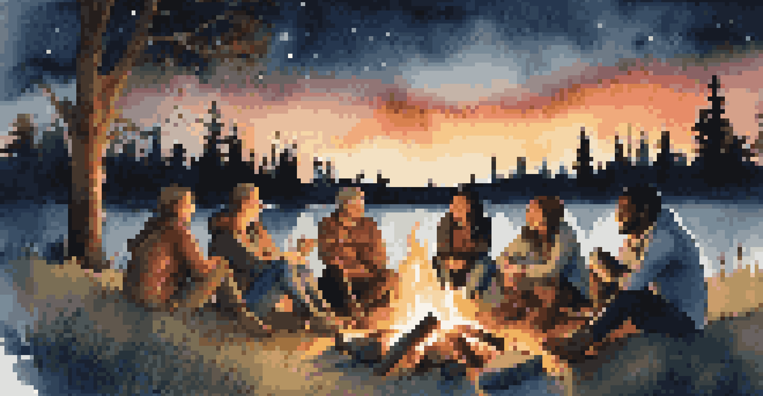 A group of travelers sitting around a campfire at night, sharing stories under the stars, surrounded by nature.