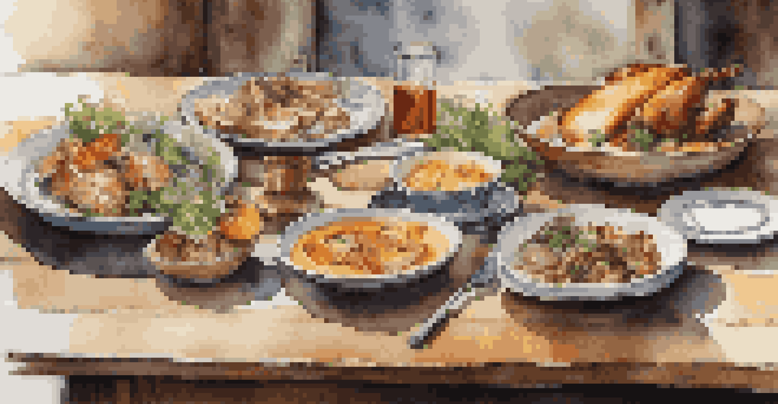 A close-up of a dining table with local dishes on wooden plates, showcasing colorful food under soft natural light.