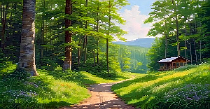 A tranquil forest scene with sunlight streaming through the leaves and a winding trail leading to an eco-lodge surrounded by greenery and colorful flowers.