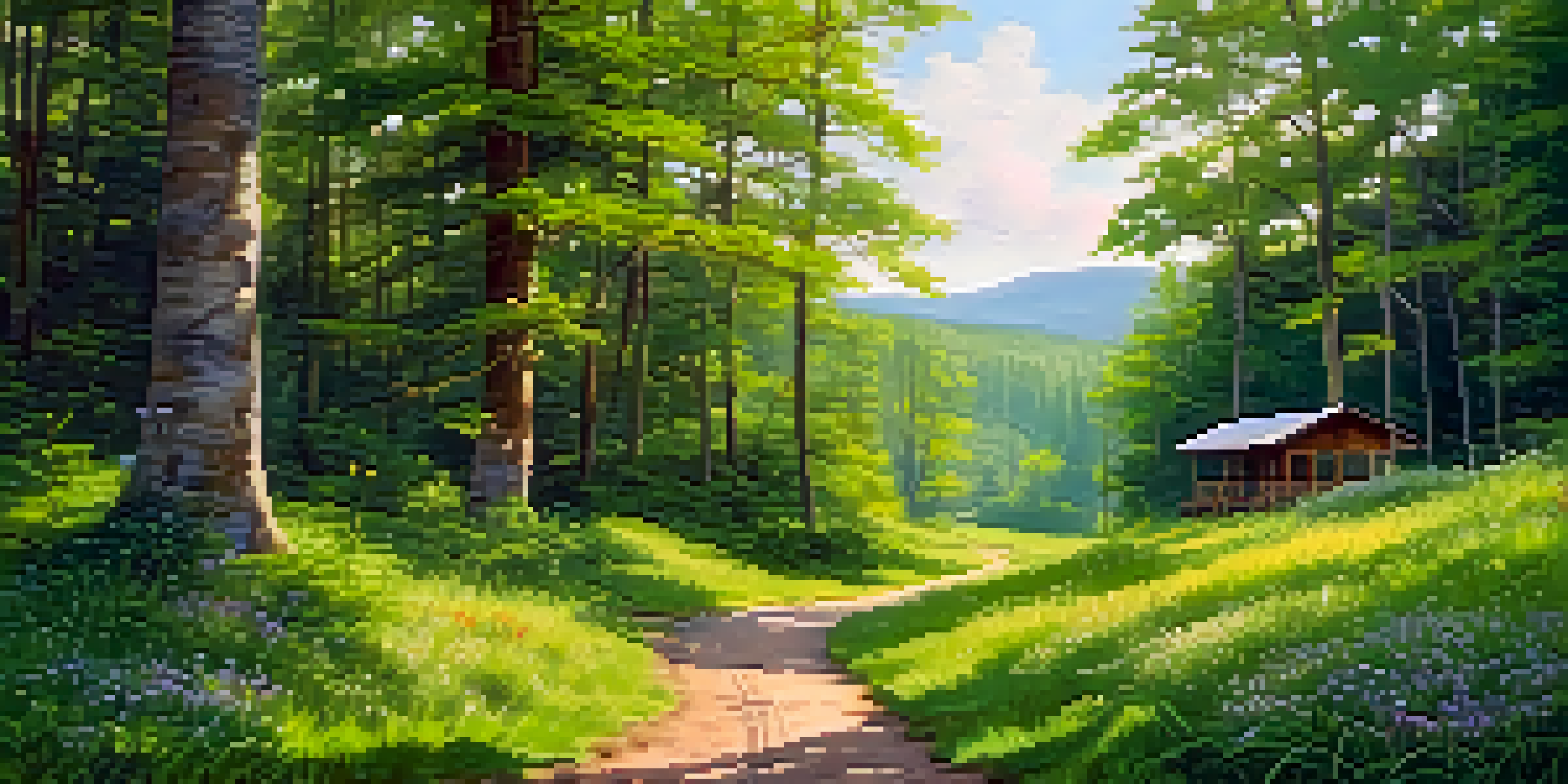 A tranquil forest scene with sunlight streaming through the leaves and a winding trail leading to an eco-lodge surrounded by greenery and colorful flowers.