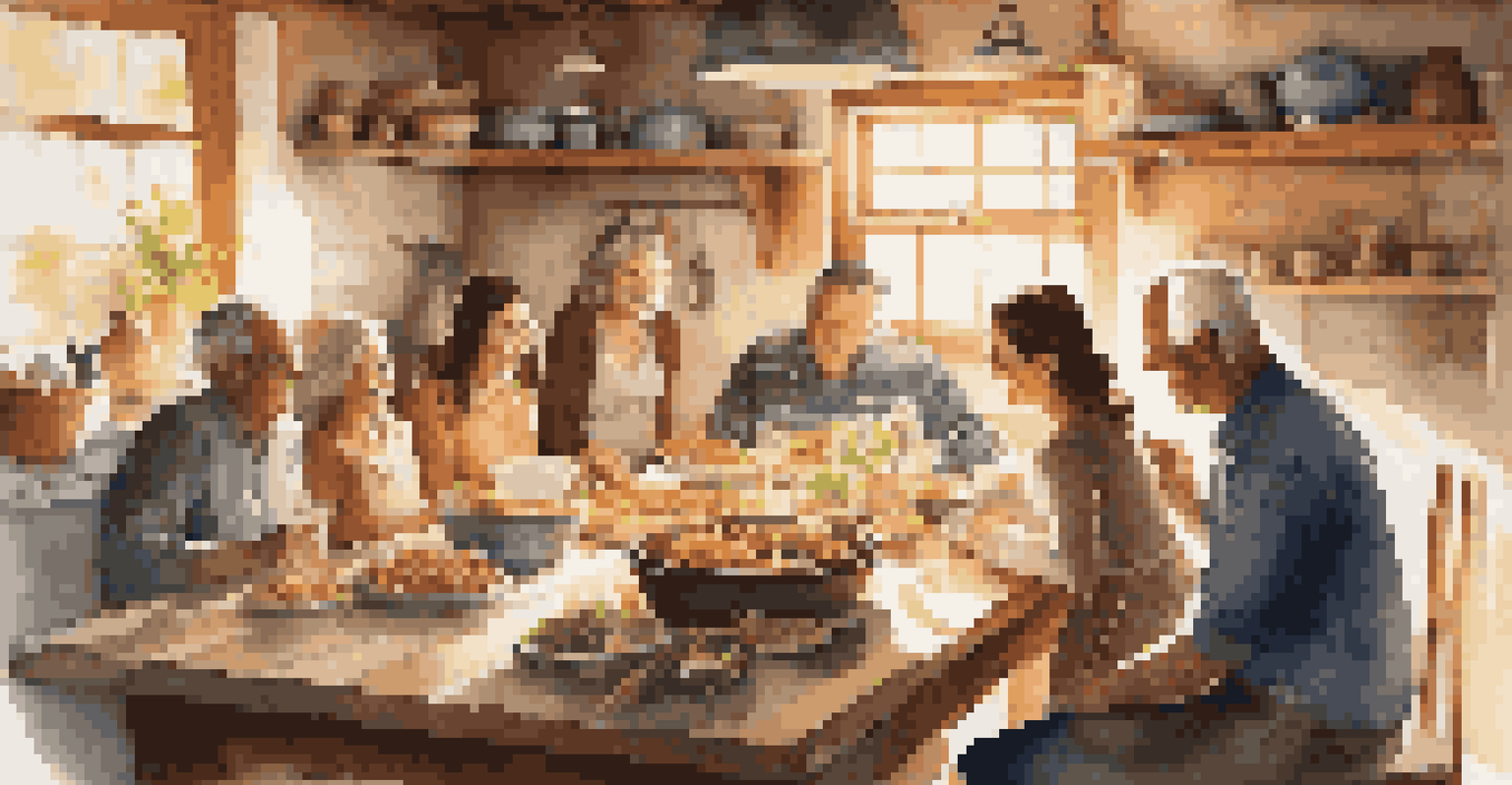 A family gathering in a cozy kitchen with relatives sharing stories around a table of traditional dishes.