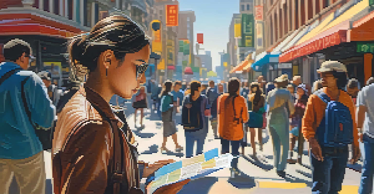A traveler holding an emergency contact list and a map in a vibrant city filled with colorful buildings and busy pedestrians.