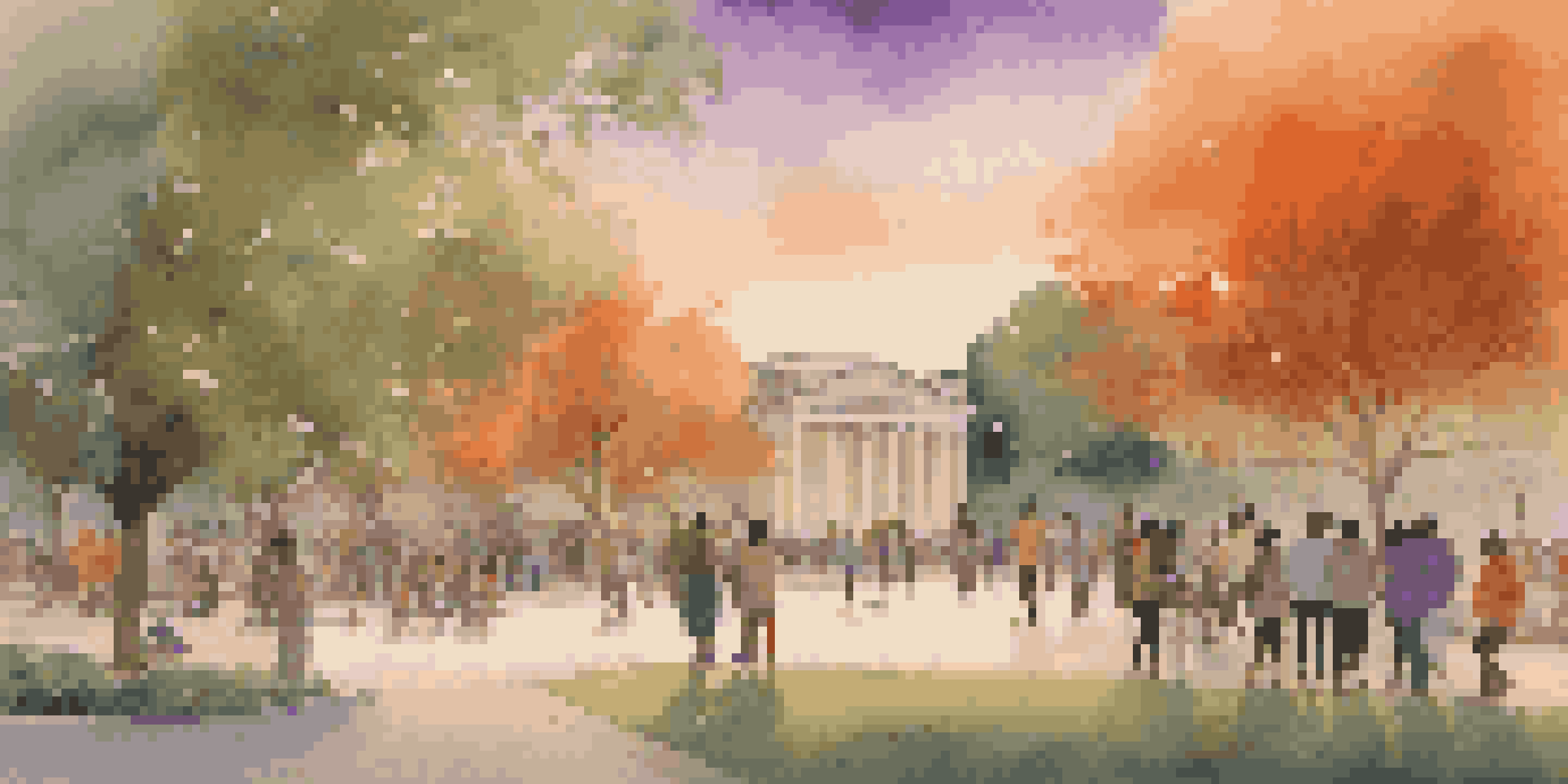 A diverse group of people having respectful conversations in a park during sunset, with trees and a colorful sky in the background.