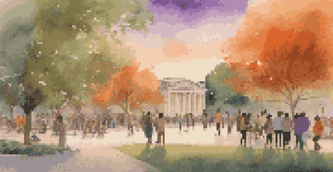 A diverse group of people having respectful conversations in a park during sunset, with trees and a colorful sky in the background.