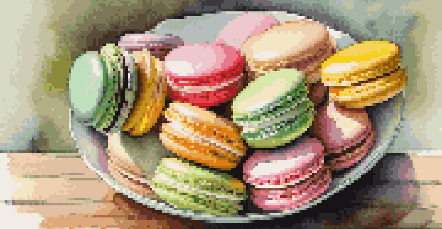 A close-up of colorful macarons on a porcelain plate, showcasing various flavors and vibrant colors.