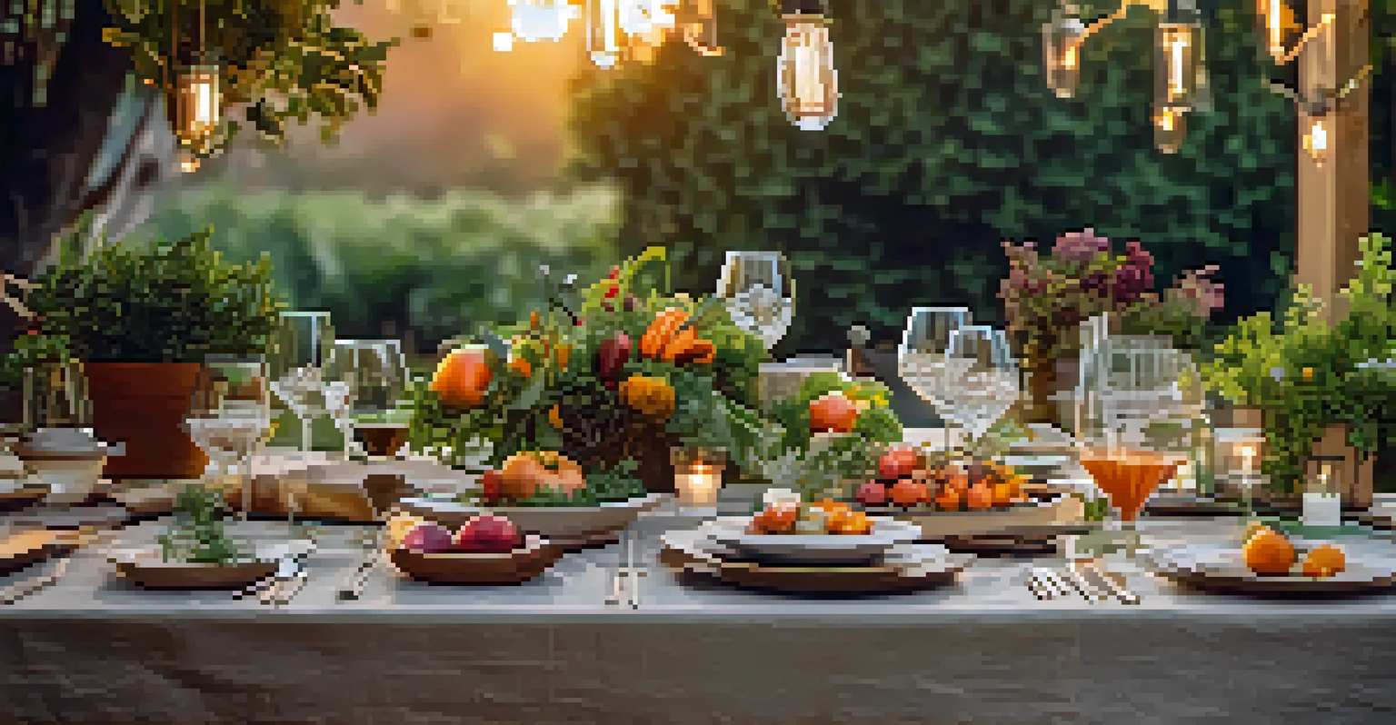 A scenic outdoor dinner table set with seasonal dishes and surrounded by lush greenery during sunset.