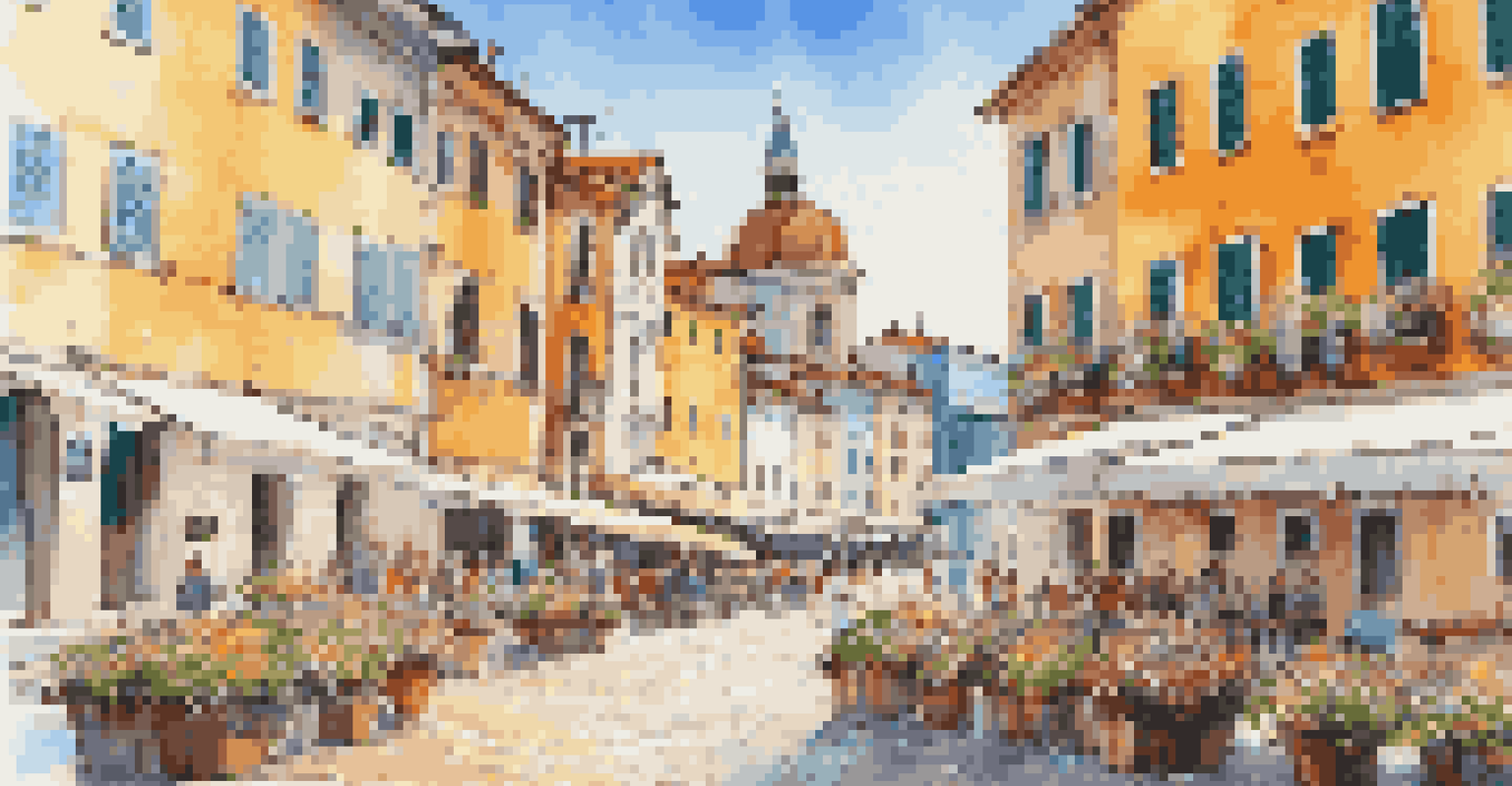 Charming street in Piran, Slovenia, with colorful buildings and Tartini Square, overlooking the Adriatic Sea.