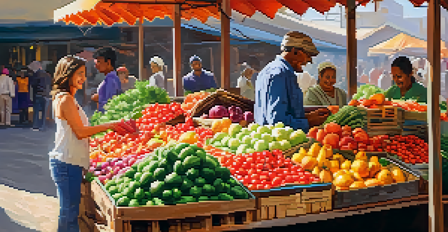 A couple shopping at a lively local market, surrounded by colorful fruits and vegetables.