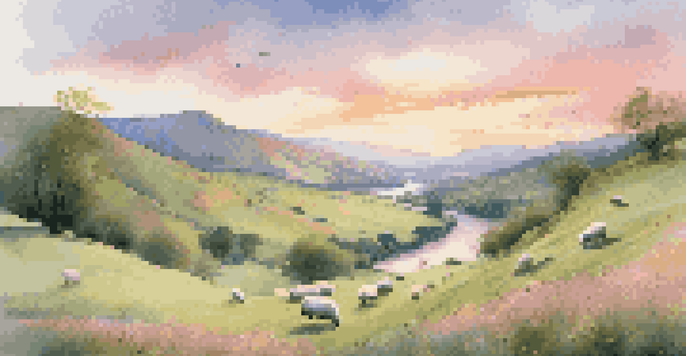 A serene landscape featuring a green valley at sunrise with a winding river and blooming wildflowers.