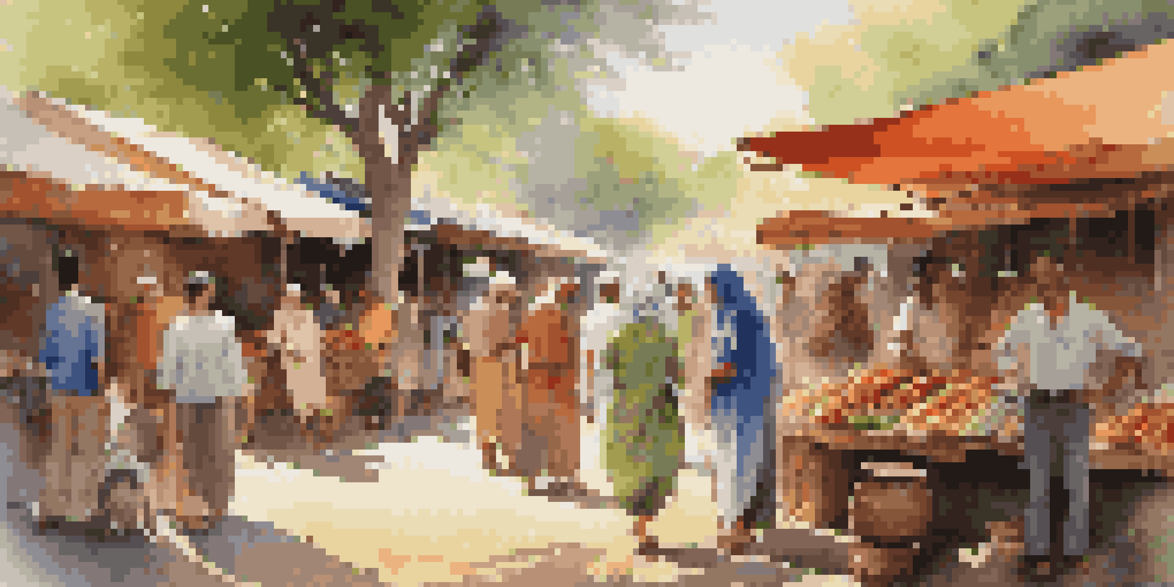A group of diverse travelers interacting with locals at a colorful market, surrounded by traditional crafts and food stalls under warm sunlight.