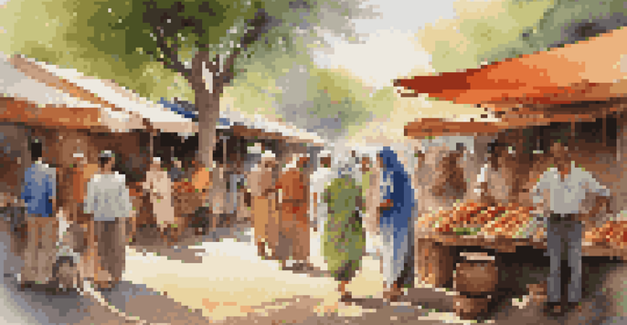 A group of diverse travelers interacting with locals at a colorful market, surrounded by traditional crafts and food stalls under warm sunlight.
