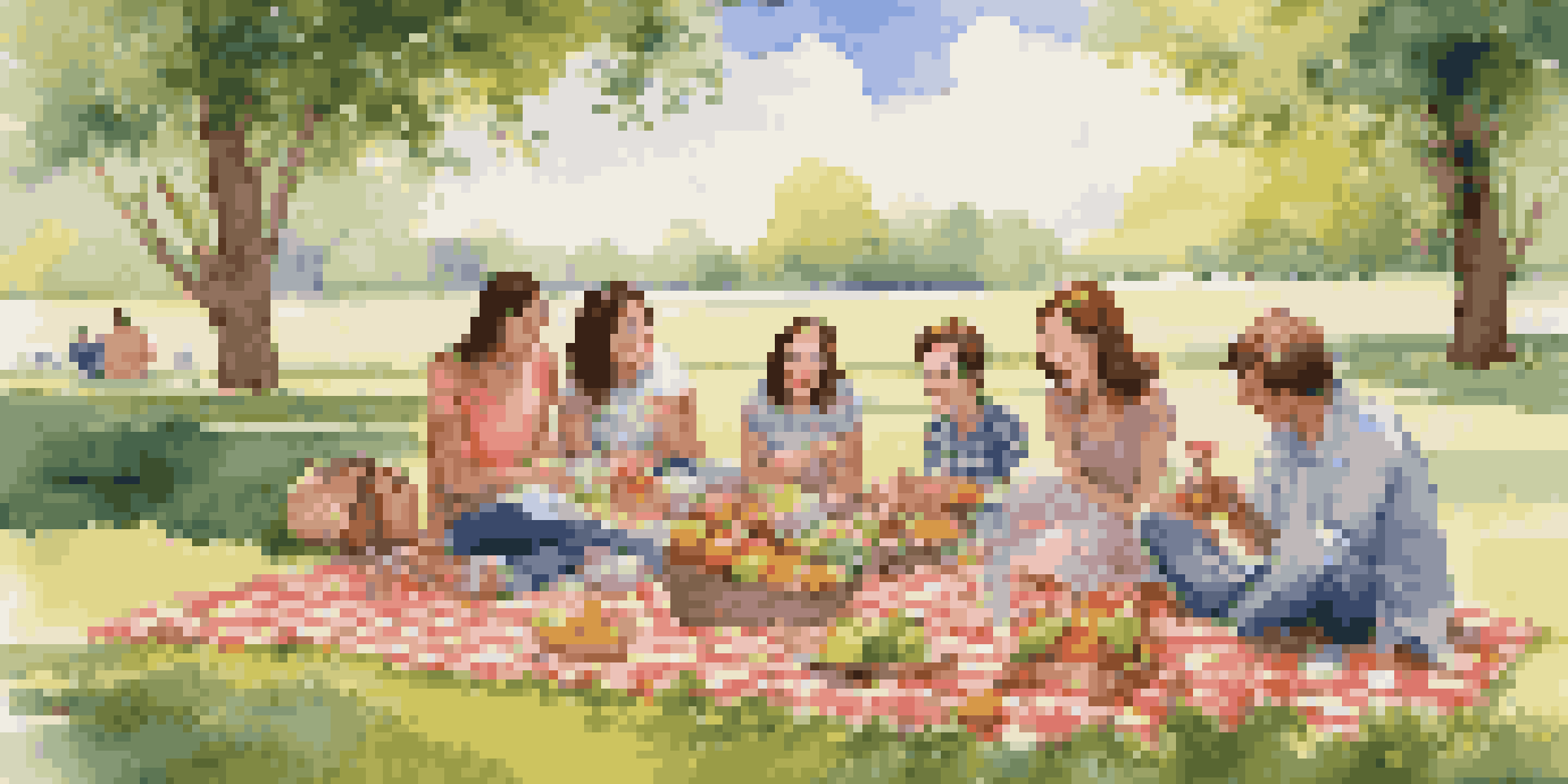 A family enjoying a picnic on a checkered blanket in a sunny park with food and drinks.