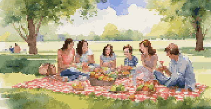 A family enjoying a picnic on a checkered blanket in a sunny park with food and drinks.