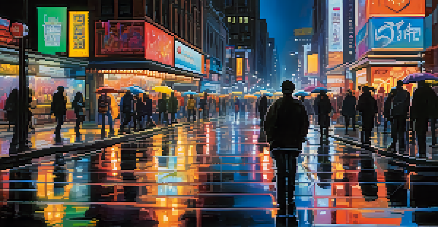 An urban night scene with colorful neon signs and reflections on wet pavement, depicting a busy city intersection.