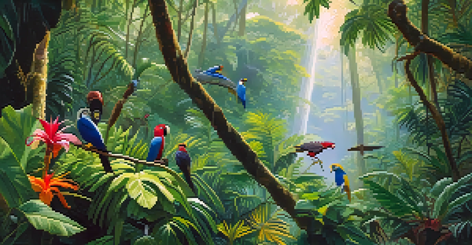 A group of tourists observing colorful birds in a lush rainforest, with sunlight filtering through the trees.