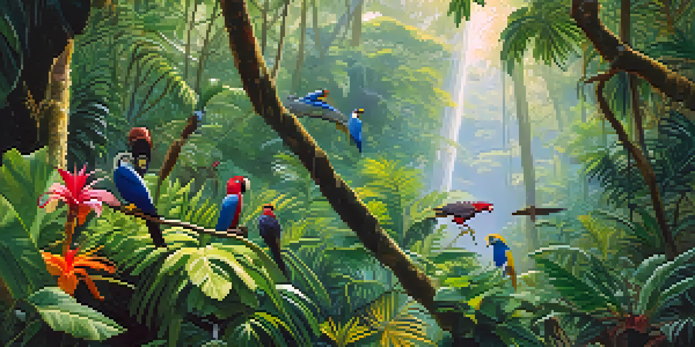 A group of tourists observing colorful birds in a lush rainforest, with sunlight filtering through the trees.