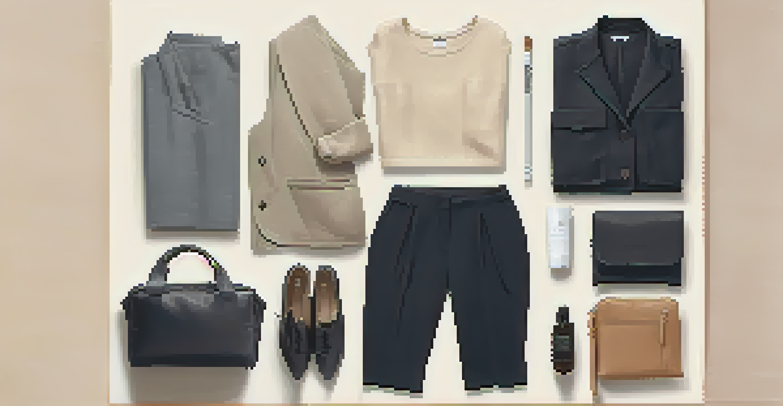 A minimalist arrangement of versatile clothing items including a black dress and neutral pants on a textured surface, with a toiletry bag, lit by natural light.