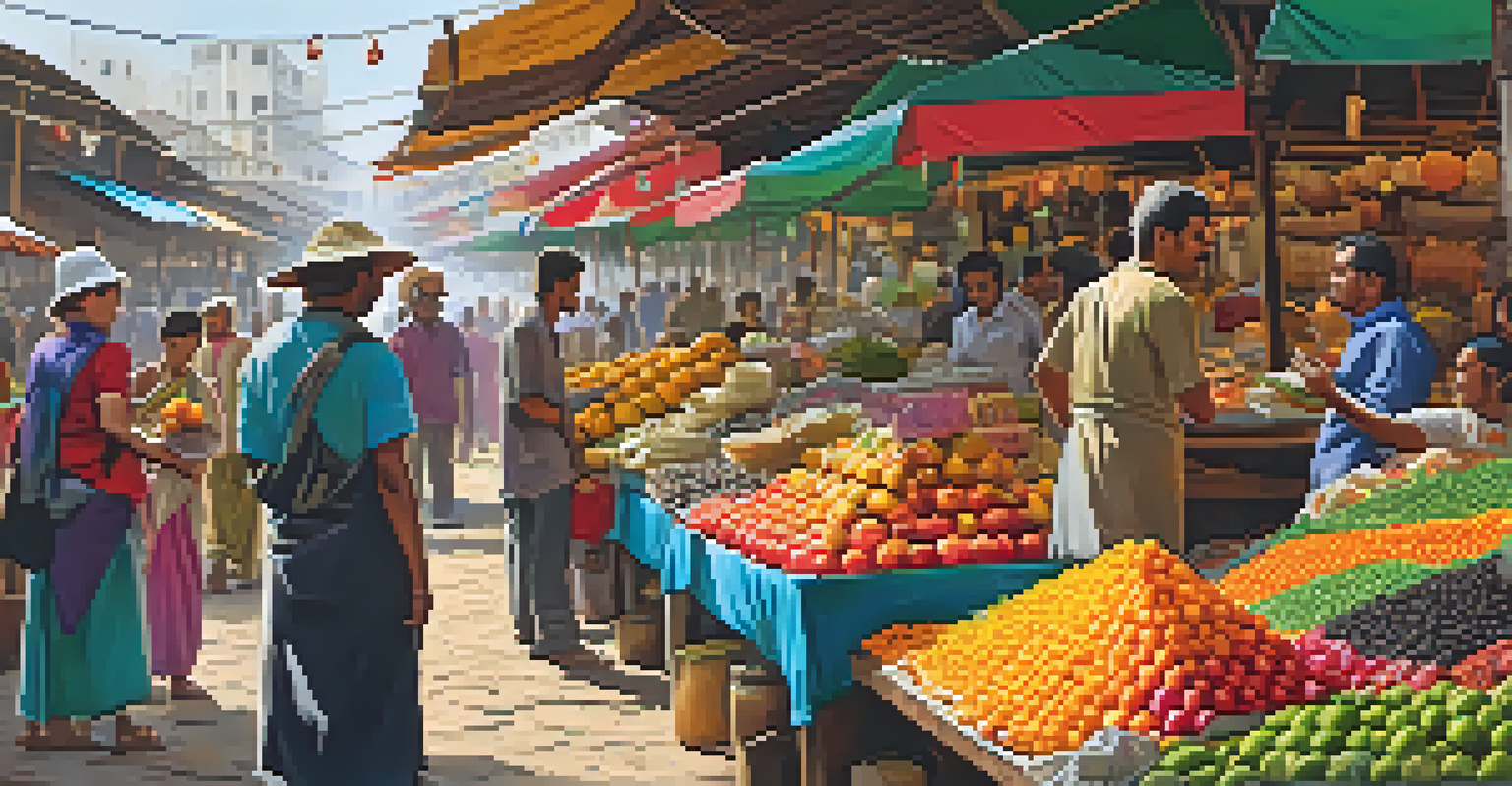 A young man interacts with a local vendor in a vibrant market, showcasing mindful engagement with local culture.