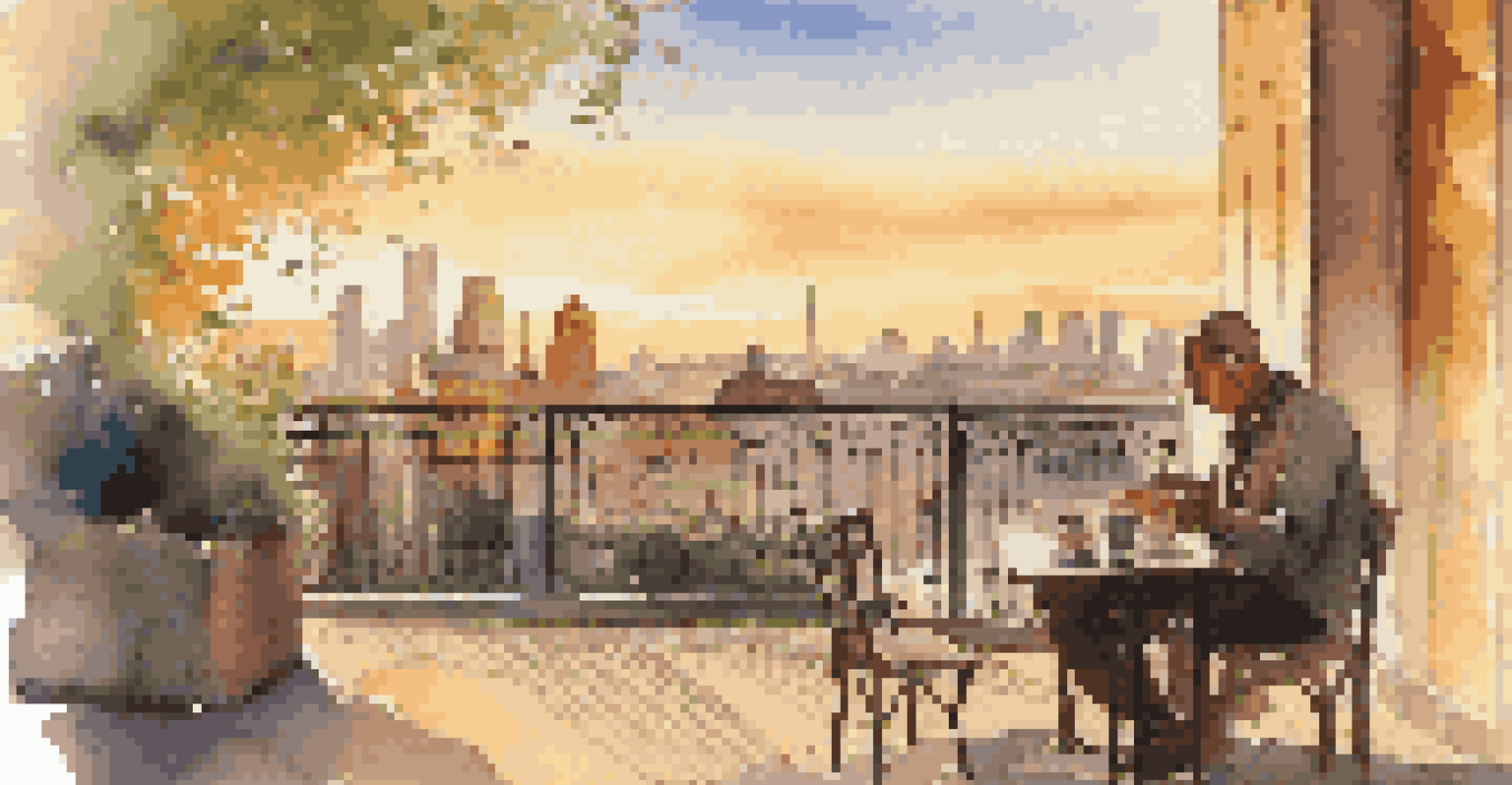 A serene café terrace with a solo traveler enjoying coffee while reading a book against a beautiful sunset skyline.