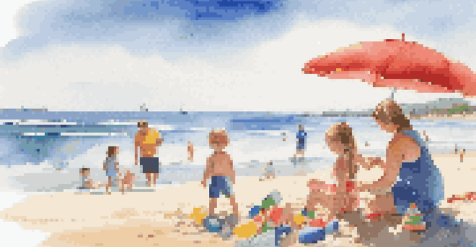 A family at the beach, with parents setting up an umbrella and children playing in the sand under a sunny sky.