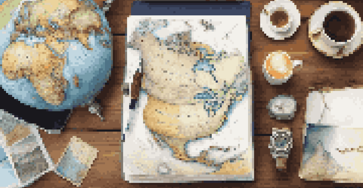 A travel planning setup with a map, notebook, laptop, and a cup of tea on a wooden desk.