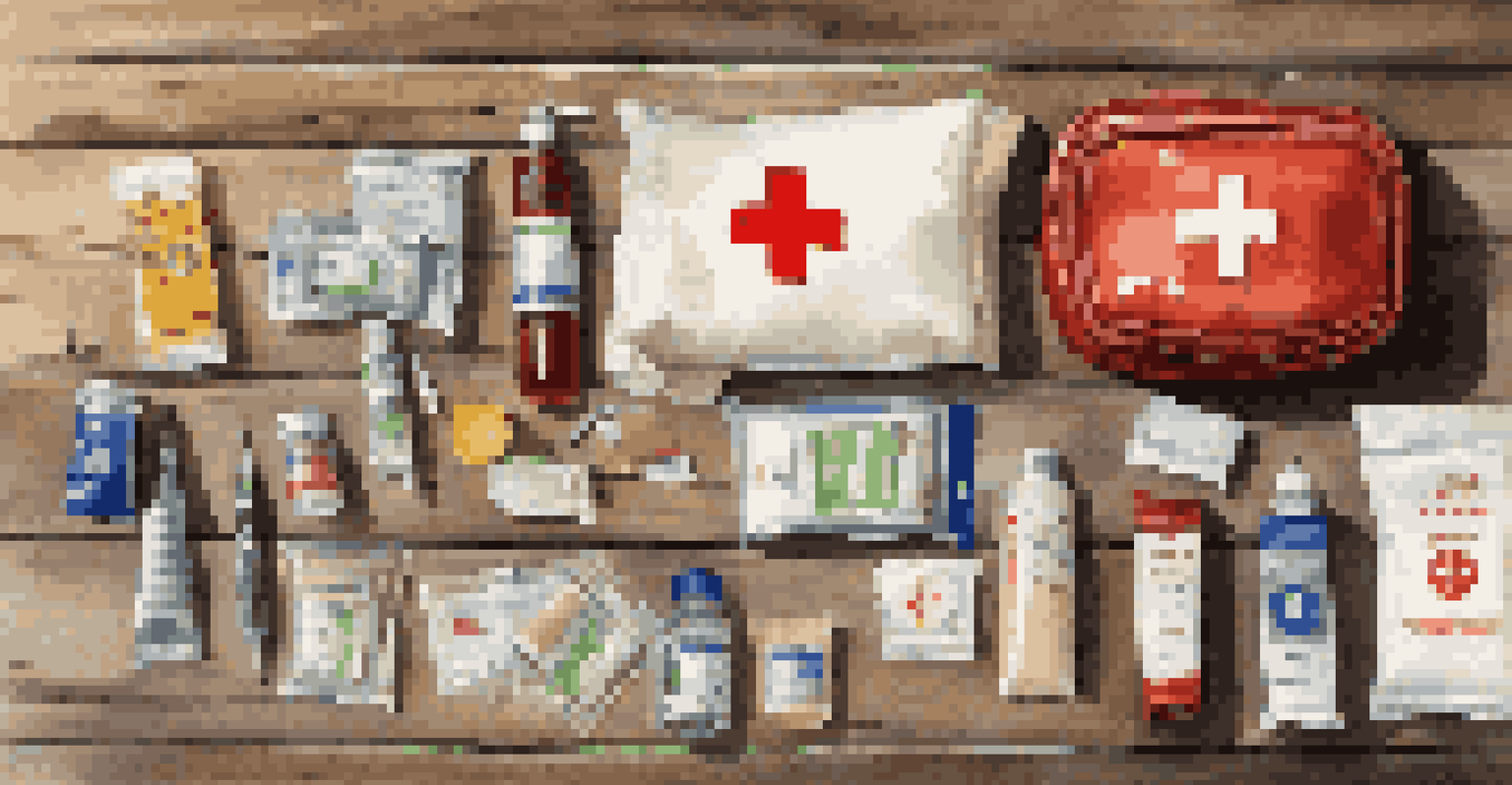 A first-aid kit with medical supplies laid out on a table, highlighting safety and preparedness.