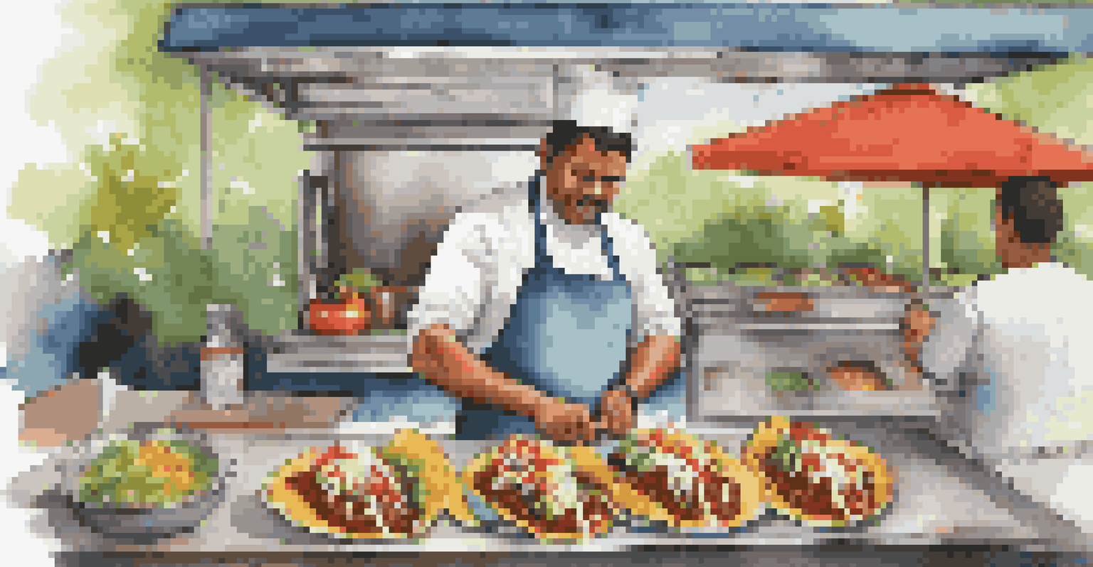 Close-up of a gourmet taco being prepared with fresh ingredients at a food truck.