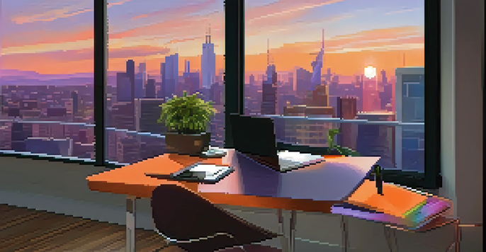 A modern workspace for a business traveler with a laptop, charger, headphones, planner, coffee cup, and a city skyline view at sunset.
