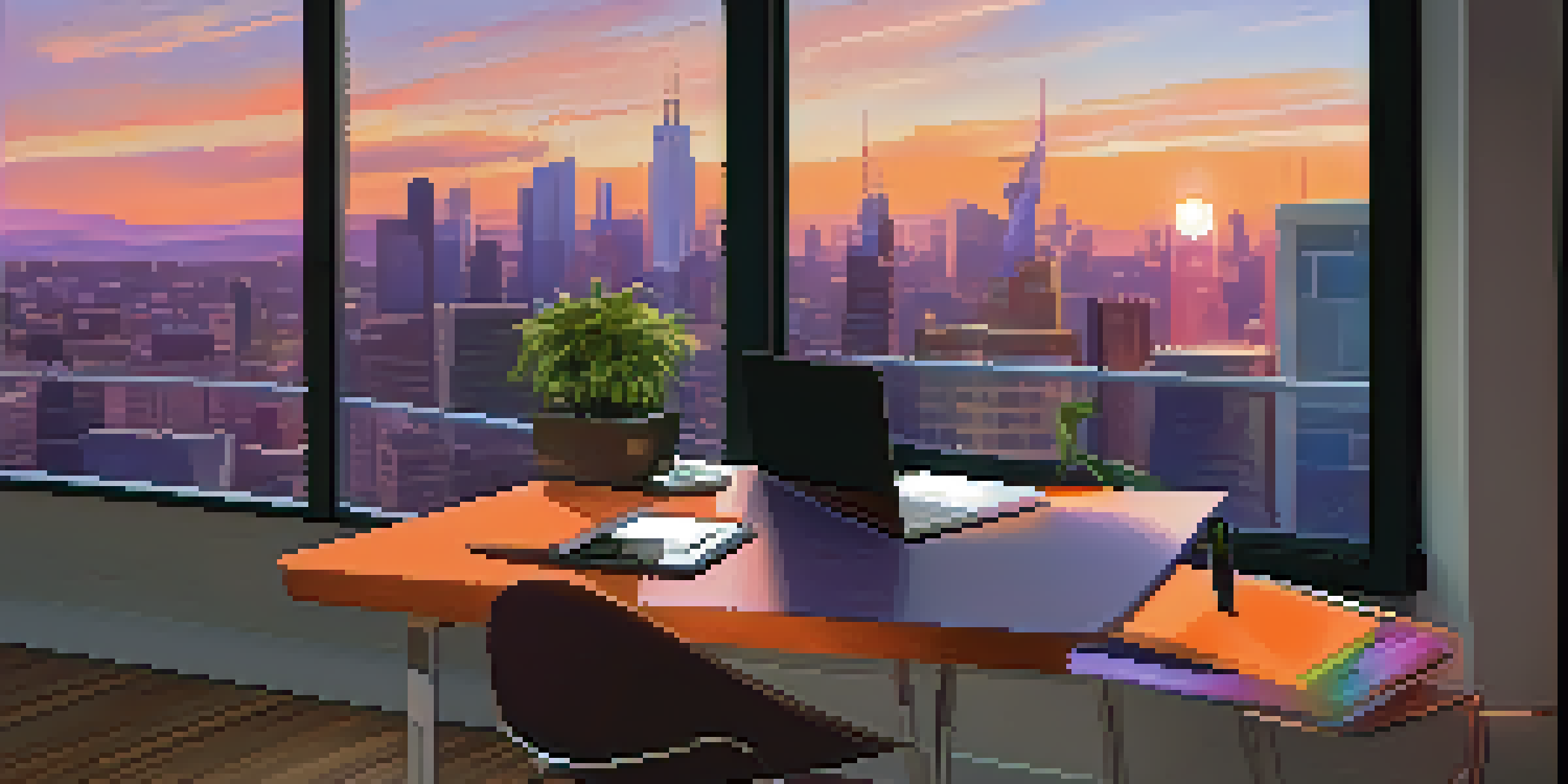 A modern workspace for a business traveler with a laptop, charger, headphones, planner, coffee cup, and a city skyline view at sunset.