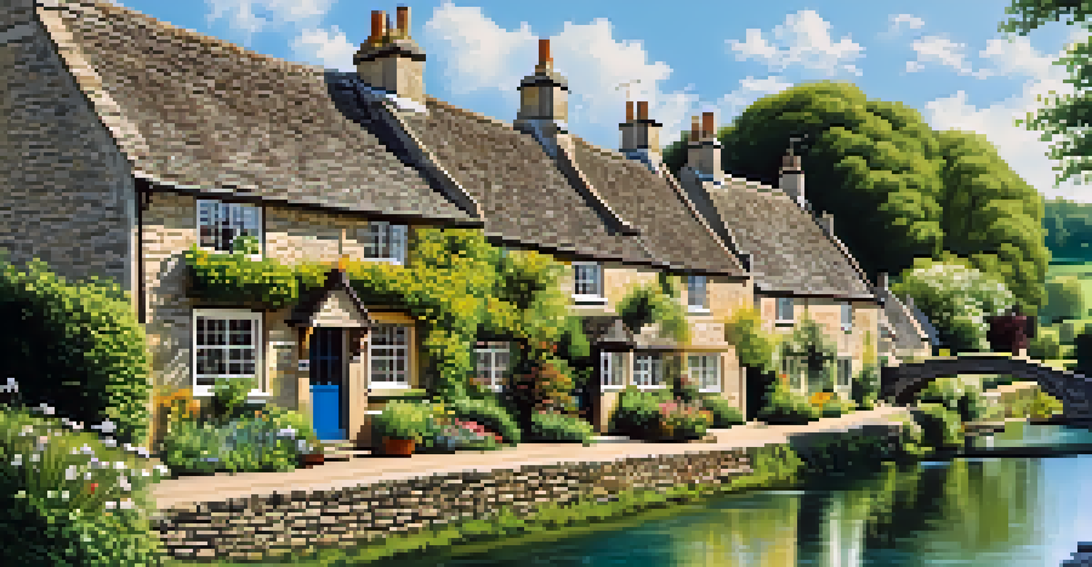 A picturesque street in Bibury, UK, with stone cottages and blooming flowers by the River Coln under a blue sky.