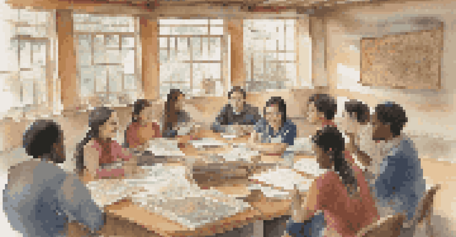 A classroom with diverse students engaged in a language exchange, featuring cultural decorations and warm natural light streaming through the windows.