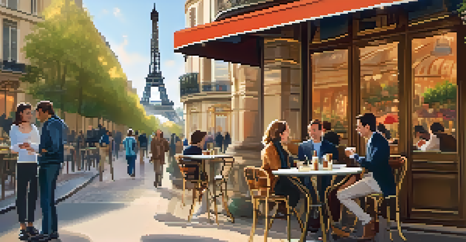 A traveler at a Paris café talking with a local using a translation app, with the Eiffel Tower visible in the background during golden hour.