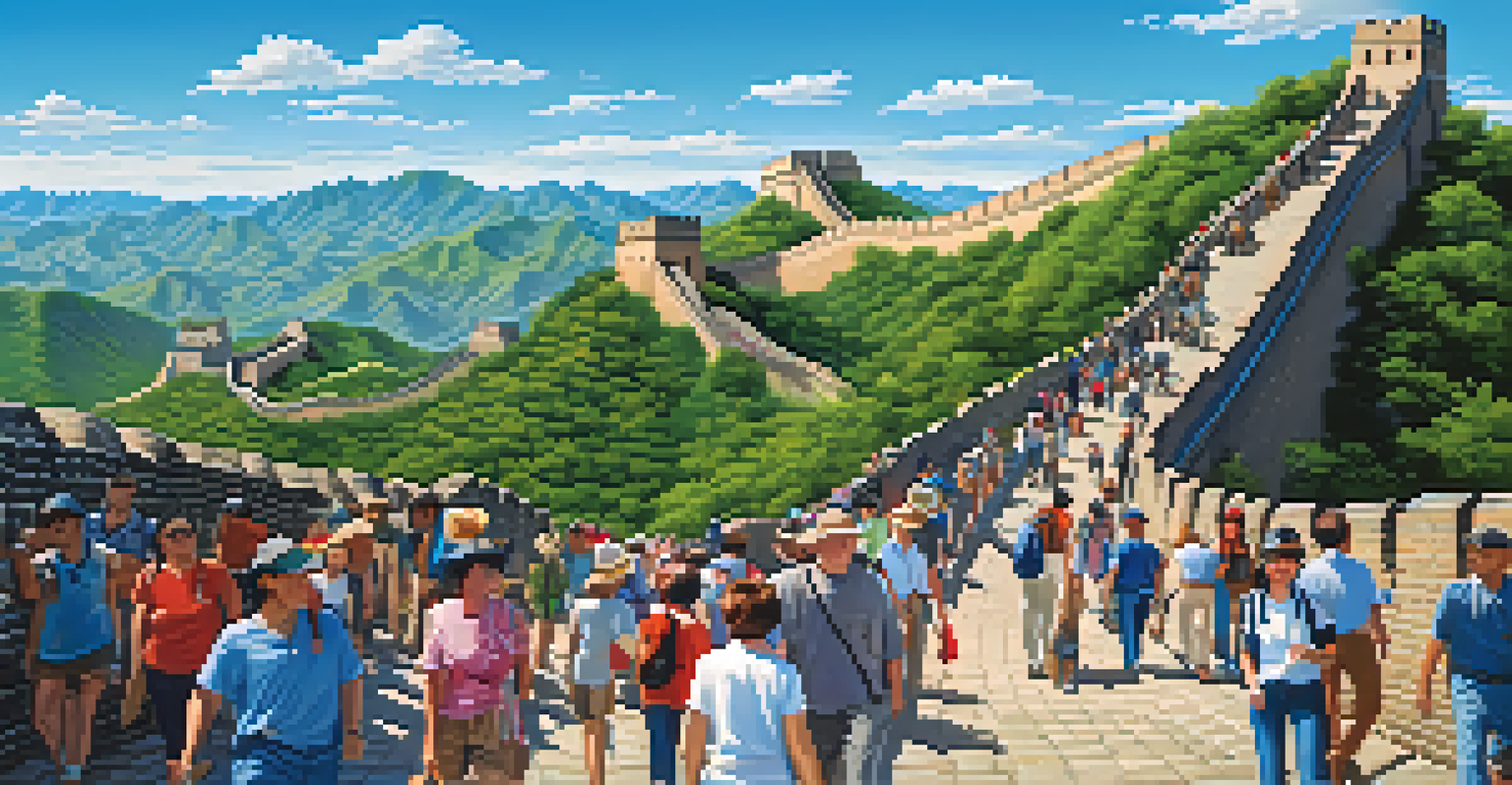 Tourists walking along the Great Wall of China with a clear blue sky and hills in the background.