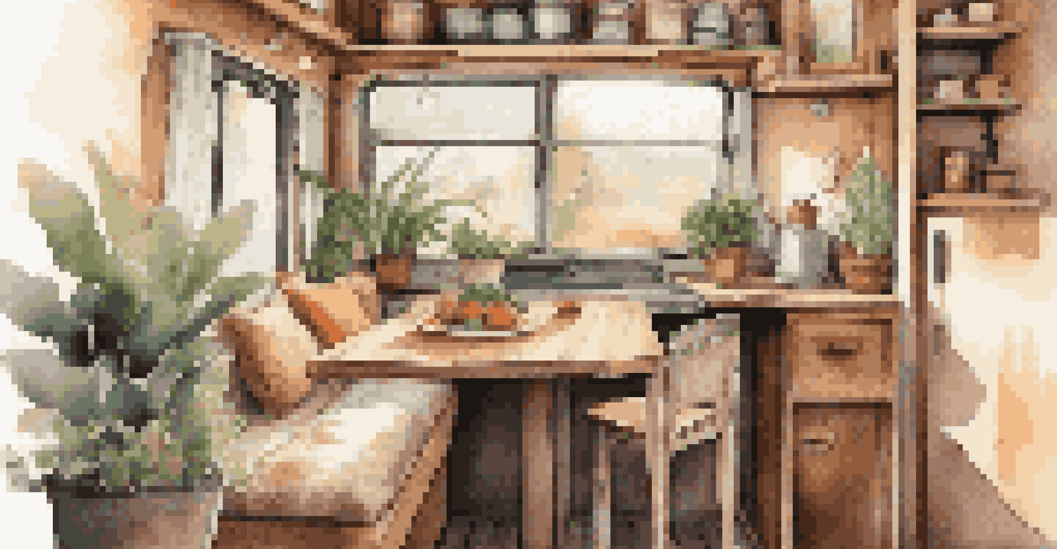 The cozy interior of a van featuring a small kitchen, wooden table, and plants, with sunlight streaming in.