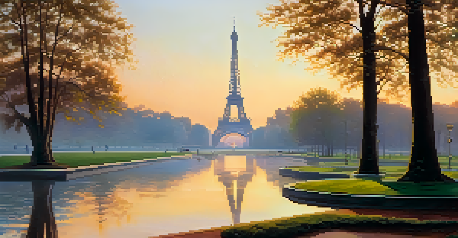 A tranquil early morning view of the Eiffel Tower with soft golden light and few people around, creating a peaceful atmosphere.