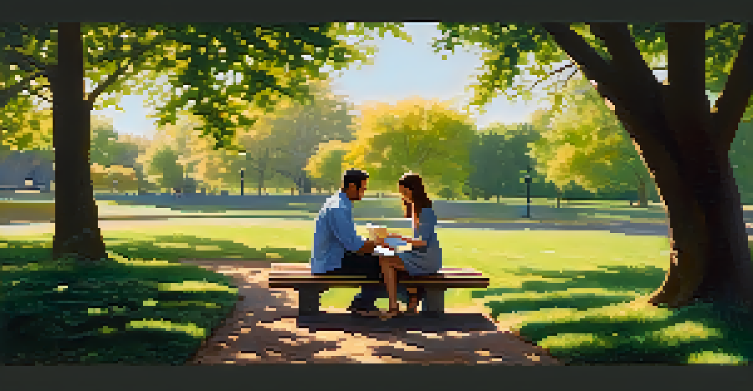 A couple in a park sitting on a bench, engaged in conversation, with sunlight filtering through leaves and a picnic basket beside them.