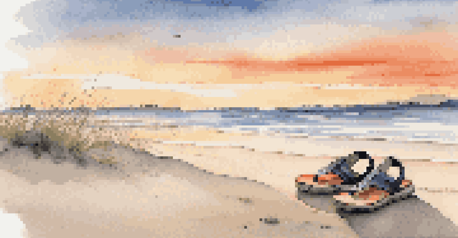 Lightweight sandals and trail runners on a sandy beach with a sunset in the background.