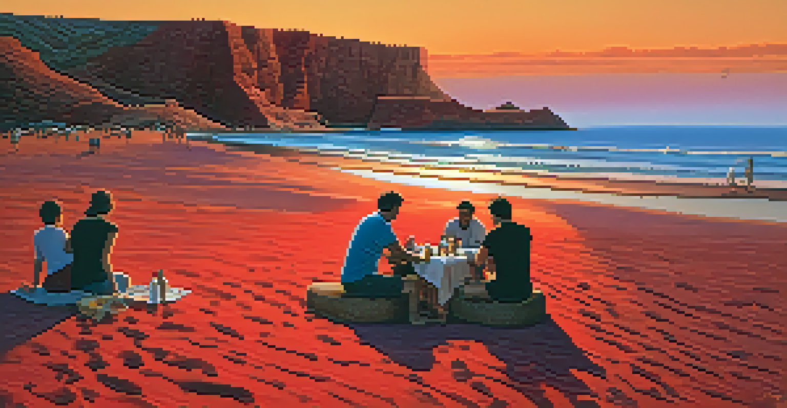 A sunset at Akrotiri's Red Beach, with red cliffs and a picnic setup on the sand.